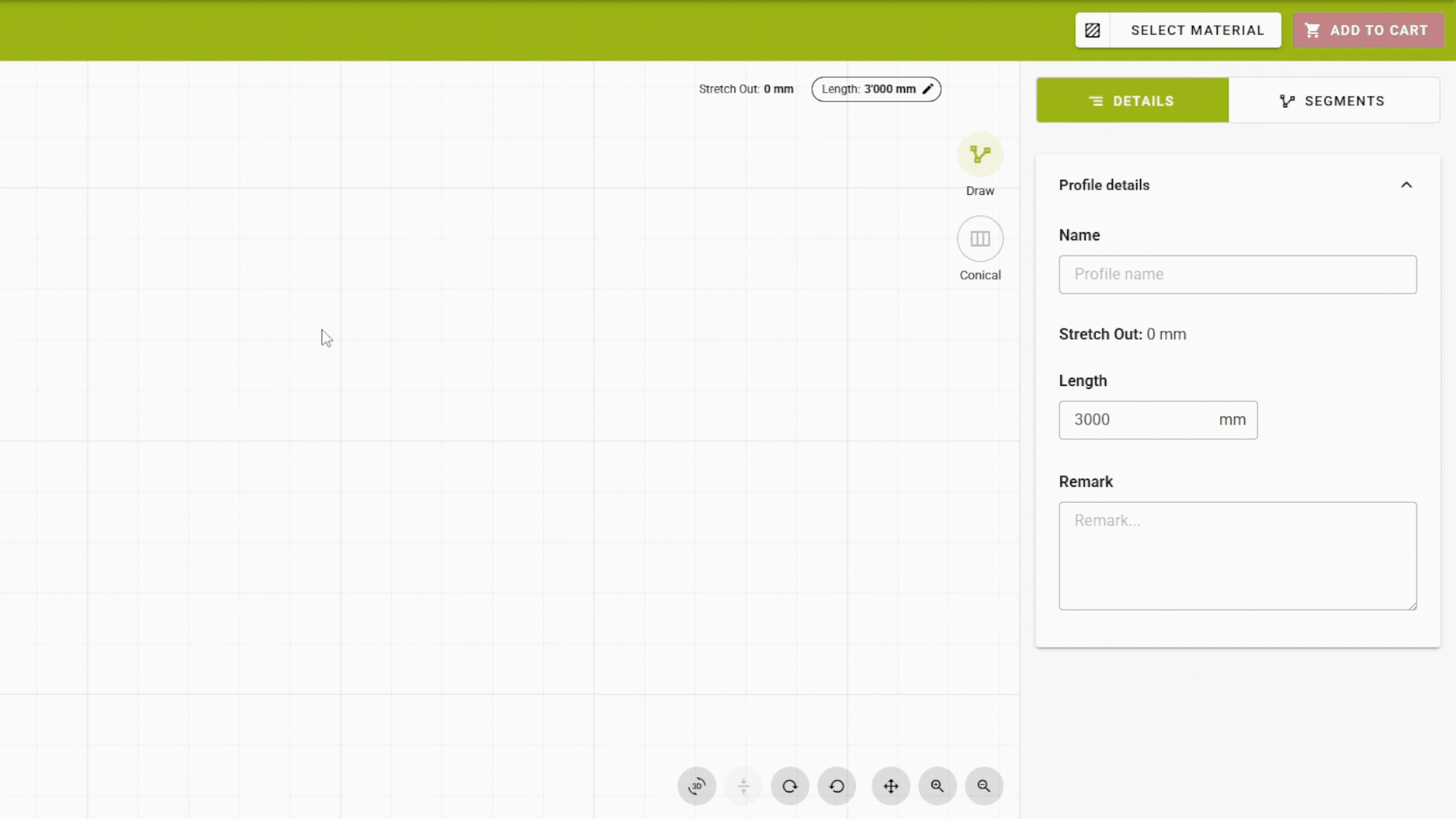 Animated view of the nuIT editor: a sheet metal profile is drawn with angles and lengths, then material is selected and added to the cart