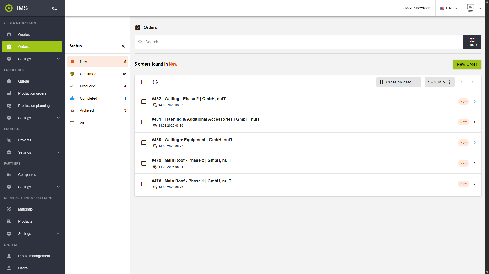 nuIT order list with several internal orders from construction sites