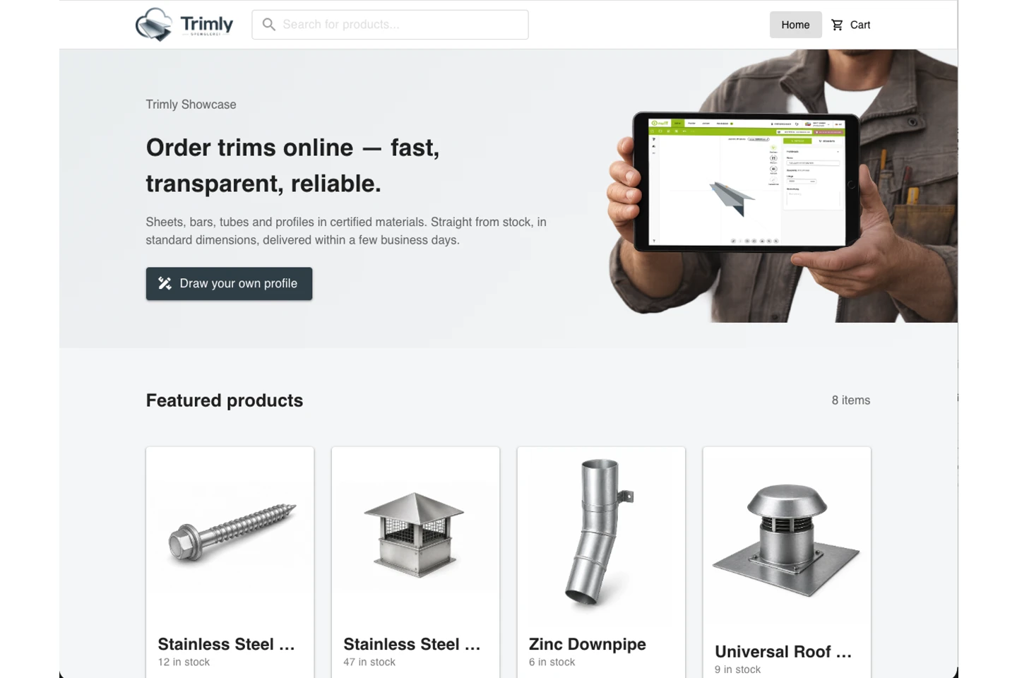 Trimly, a fictional e-commerce shop with the embedded nuIT profile editor