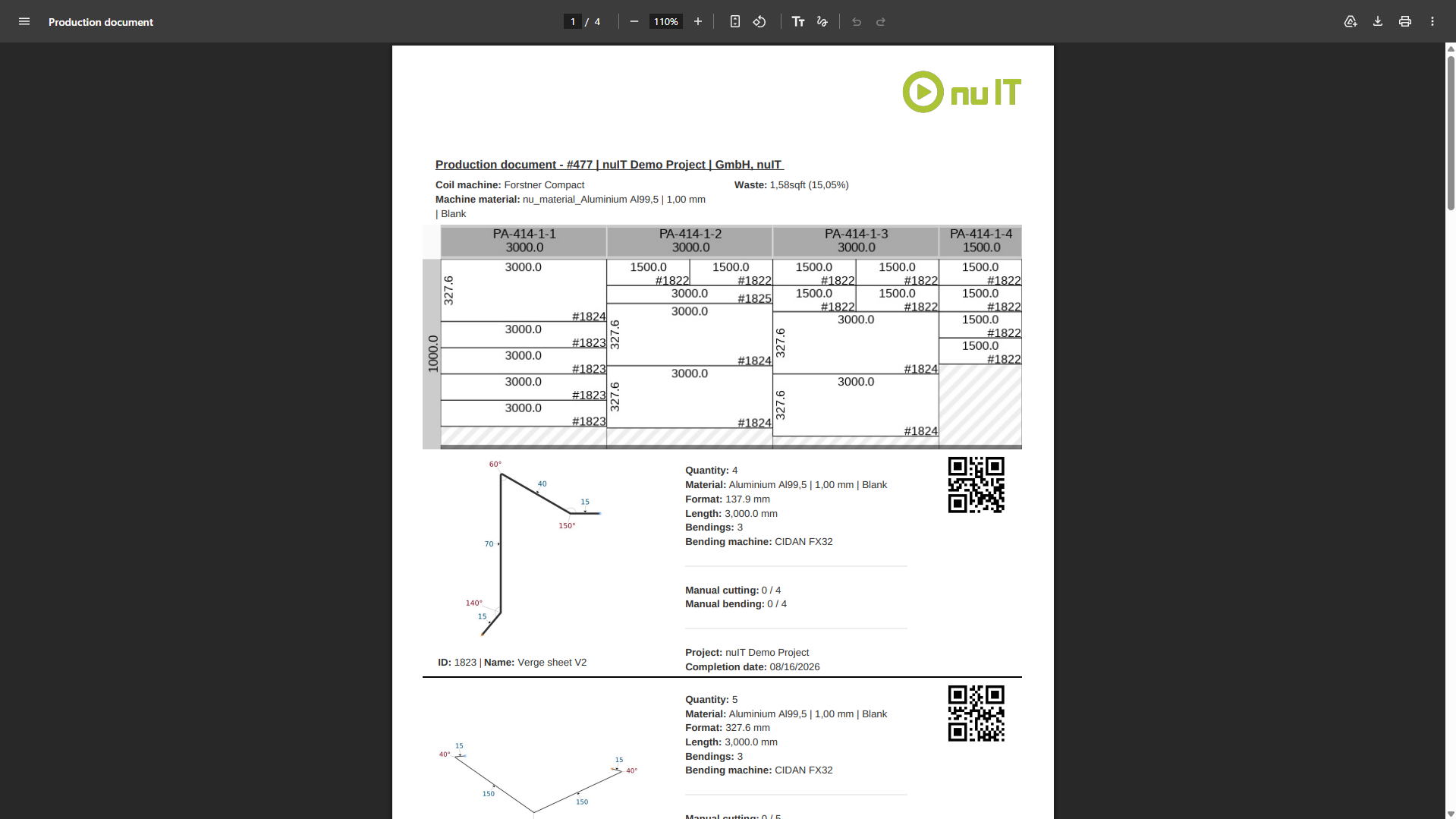 Production document with QR code