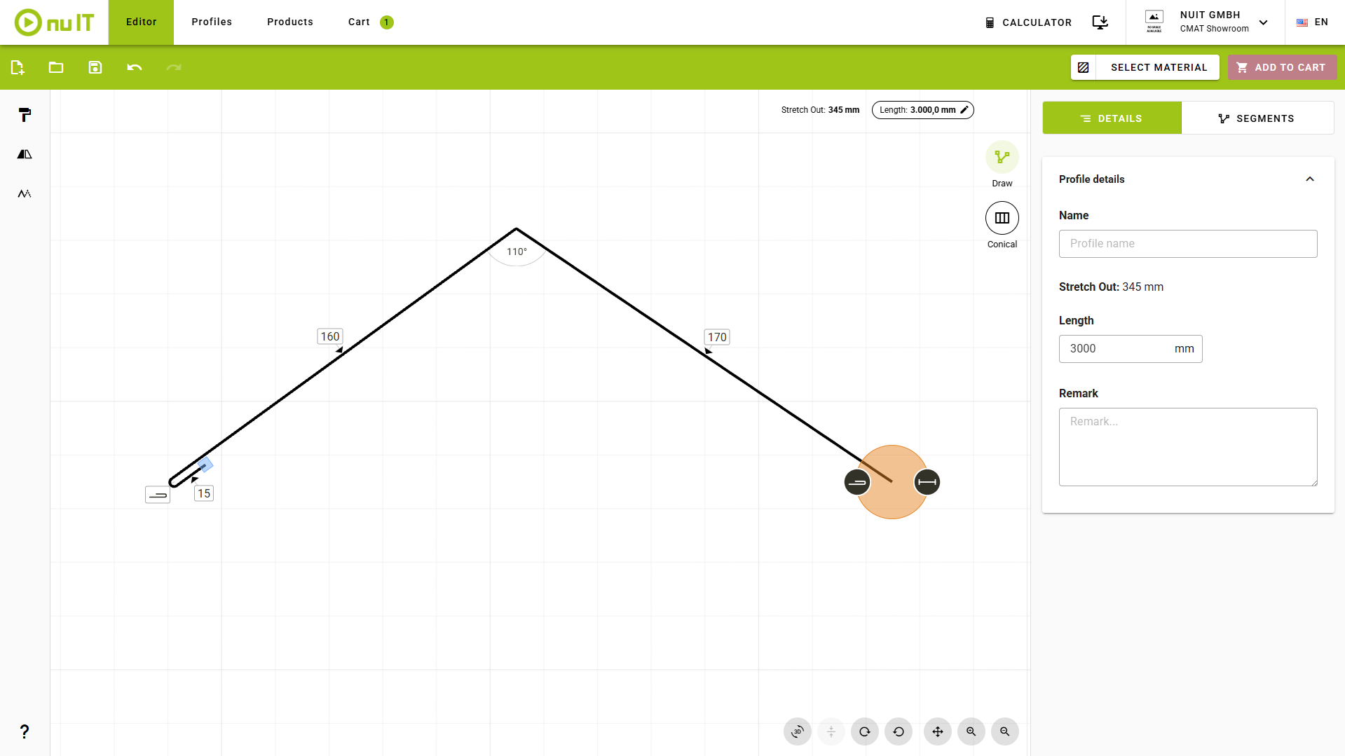 nuIT editor with a drawn profile, dimensions, angles and the profile details panel