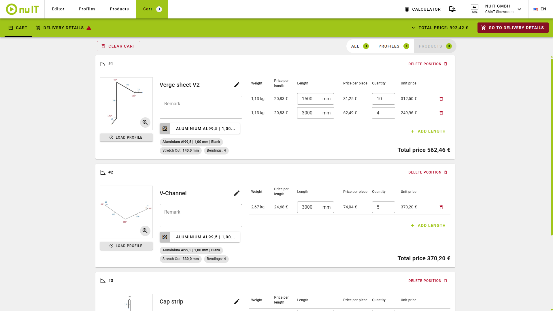 Webshop cart with profiles and prices